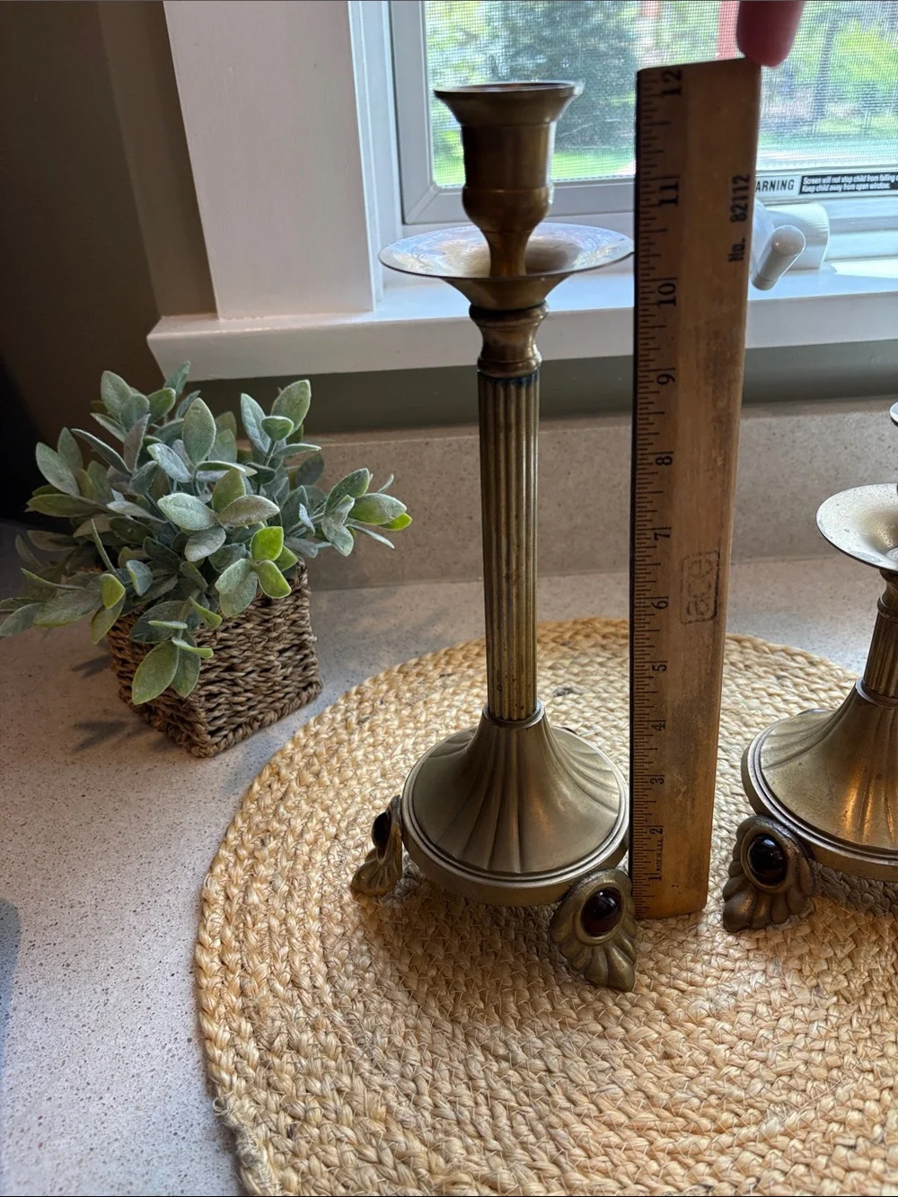 Pair of Vintage Brass Candlesticks Leaf Footed w/ Ruby Colored Gemstone